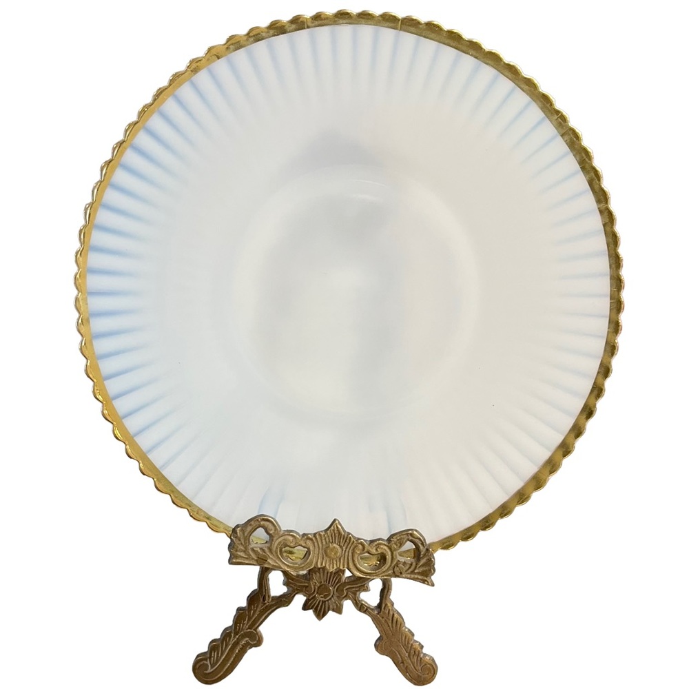 Vintage Petalware Monax Dinner Plate by MacBeth Evans, Gold Rim Opal White Glass